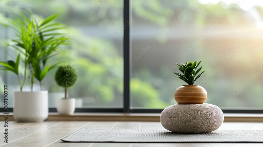 Serenity Mindfulness Yoga Mat, Zen Stones, and Potted Plant, Large Windows Overlooking Lush Green Garden, Copy Space Serenity Mindfulness Yoga Mat, Zen Stones, and Potted Plant, Large Windows Overlooking Lush Green Garden, Copy Space