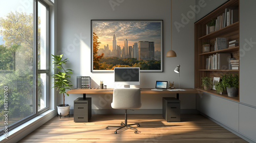 A modern and minimalist home office setting. A large window on the left allows natural light to flood in, illuminating a wooden floor and a sleek desk
