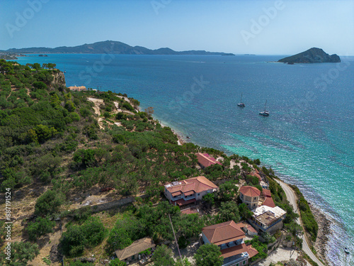 Aerial panoramic view over Keri beach in Zakynthos island, Greece photo