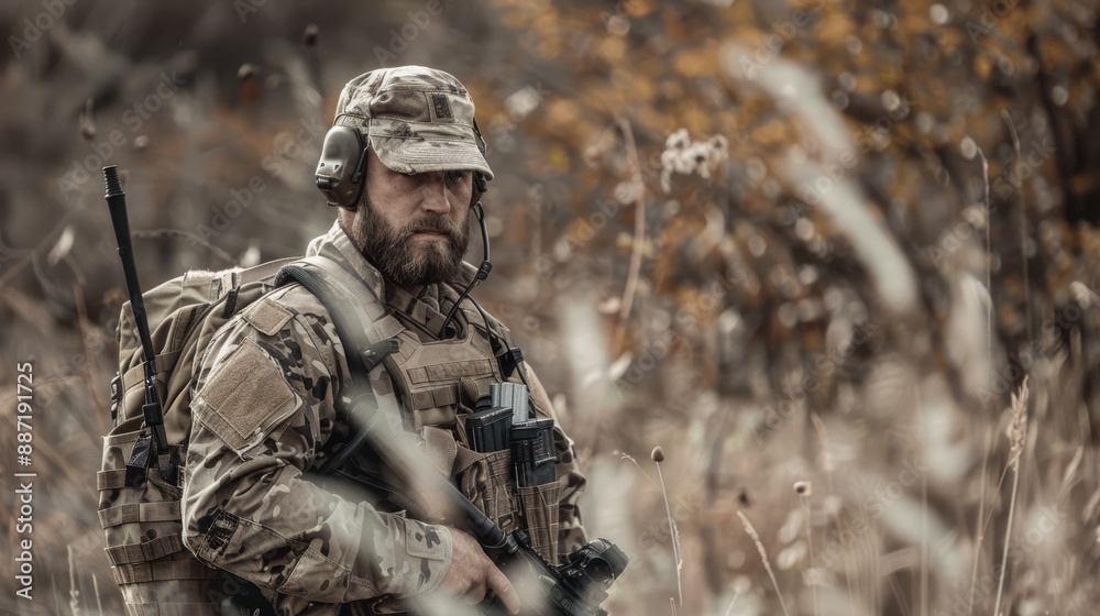 Delta Force soldier in urban camouflage checking his surroundings before advancing