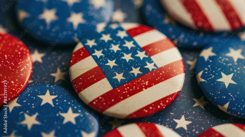 Obraz premium A collection of American flags and stars. The flags are red, white, and blue