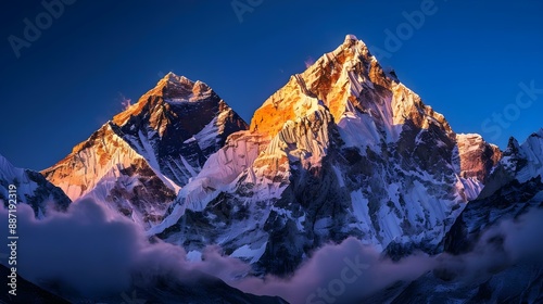 First sunlight on the peaks of Lhotse and Nutse photo