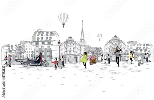 Series of street views with beautiful people and sights in France. Hand drawn vector architectural background with historic buildings.