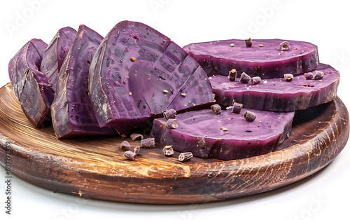 Board and plate of tasty Ube with on white background.