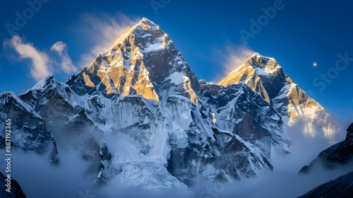 First sunlight on the peaks of Lhotse and Nutse