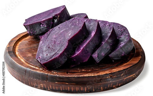 Board and plate of tasty Ube with on white background. photo