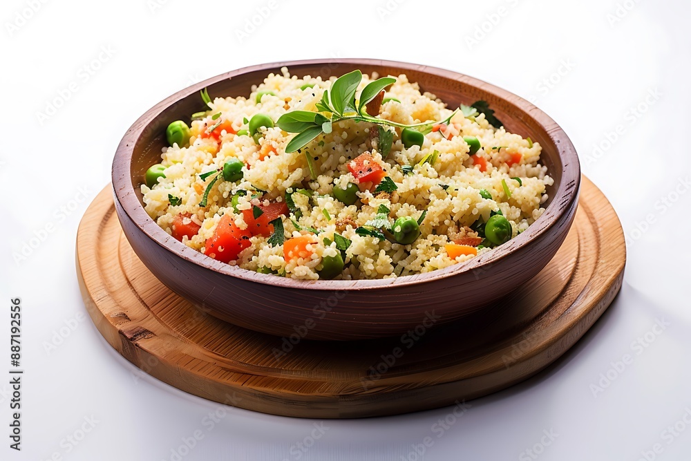 Board and plate of tasty Upma with on white background. Board and plate of tasty Upma with on white background.