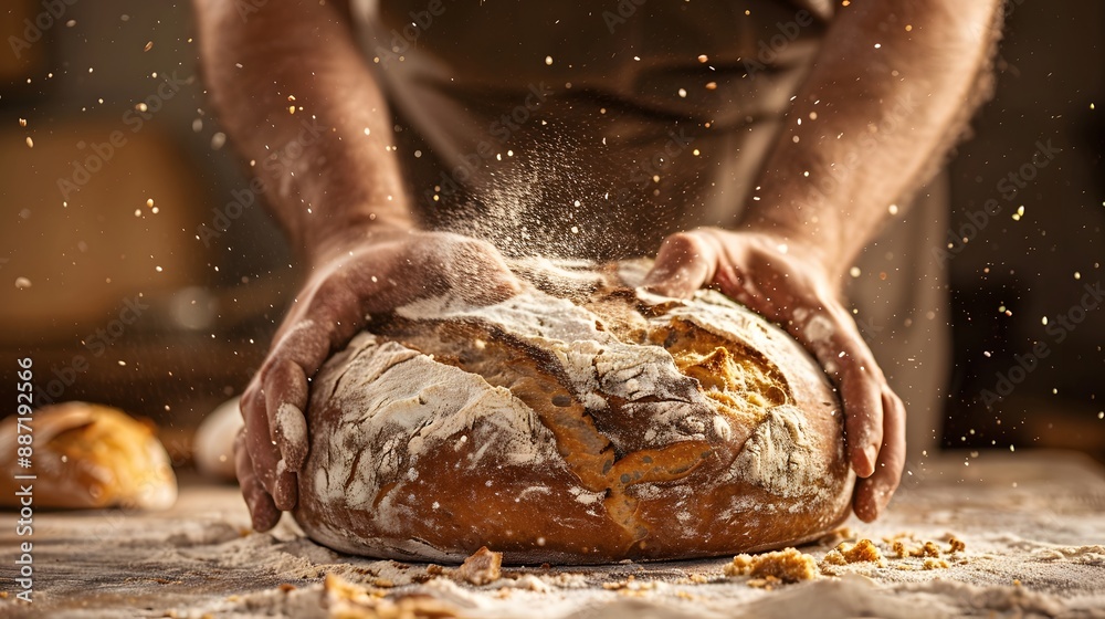 Fototapeta premium Male hands breaking freshly baked bread, closeup. 