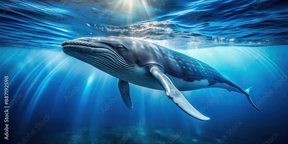 Naklejka premium Majestic blue whale swimming in the ocean, whale, blue, majestic, marine, mammal, swimming, ocean, sea, wildlife, underwater