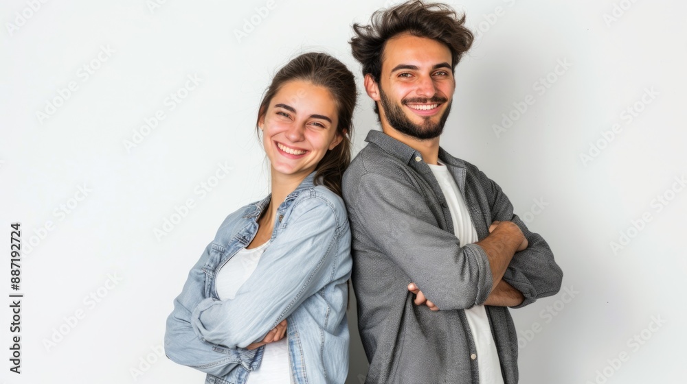 A young couple stands back-to-back against a white backdrop, arms crossed, smiling at the camera A young couple stands back-to-back against a white backdrop, arms crossed, smiling at the camera