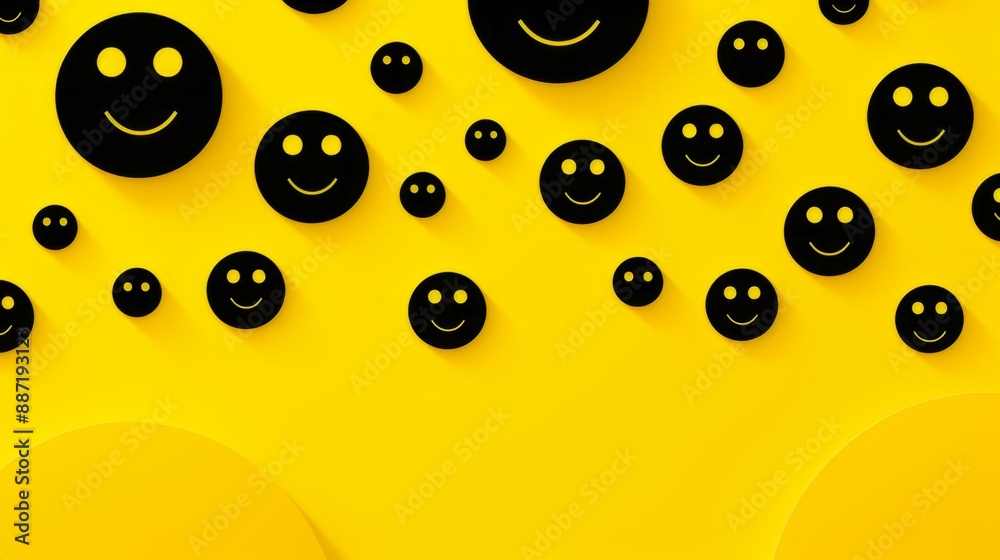 Fototapeta premium Black smiling faces arranged on a yellow background, 60s style