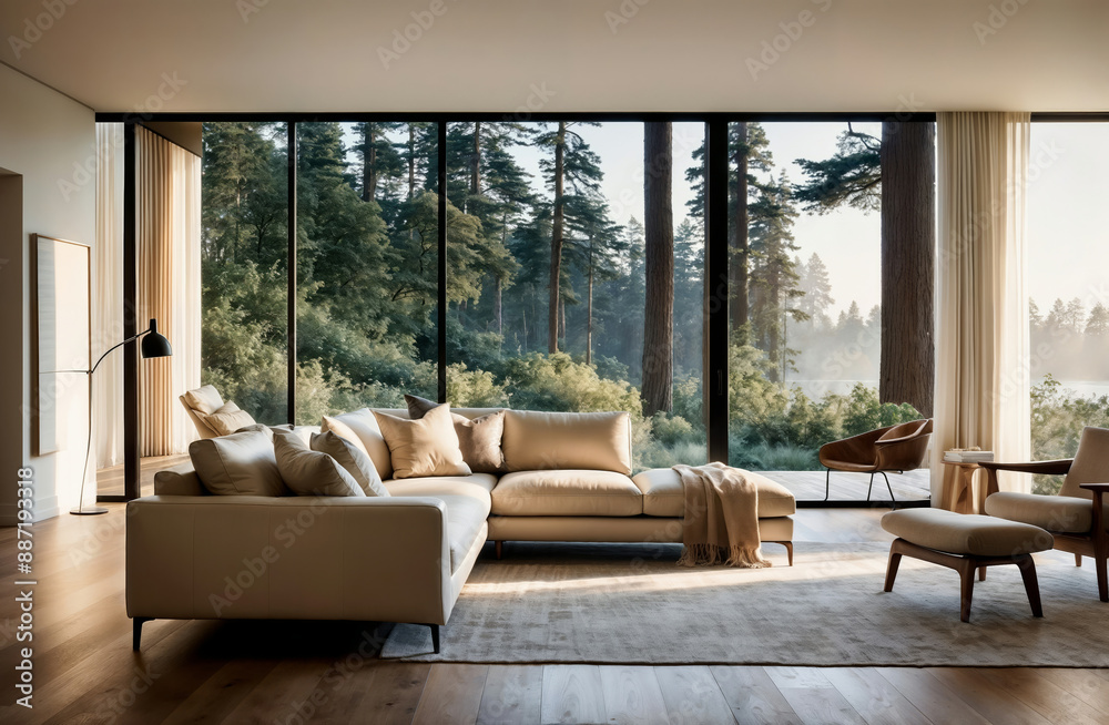 Modern minimalist living room with a white L-shaped sofa, a rug, wooden floor and white ceiling, with big windows that let natural light get in and show a forest view, contemporary interior design