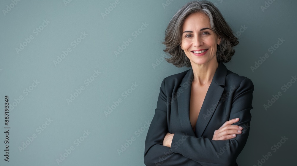 Confident MiddleAged Italian Businesswoman with Gray Hair Smiling and Arms Crossed in Professional Attire Confident MiddleAged Italian Businesswoman with Gray Hair Smiling and Arms Crossed in Professional Attire