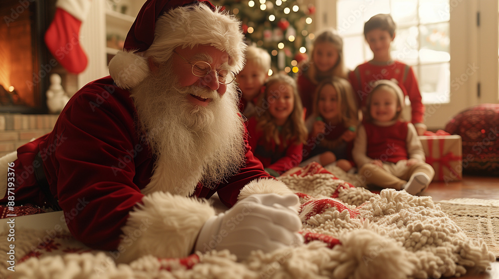Obraz premium Santa Claus playing with children on a rug in the living room on Christmas Eve