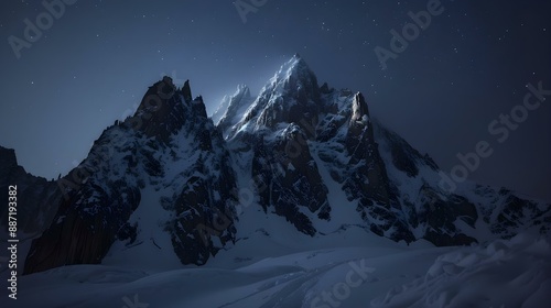 Night shot of Petit Dru north face in Chamonix, France photo