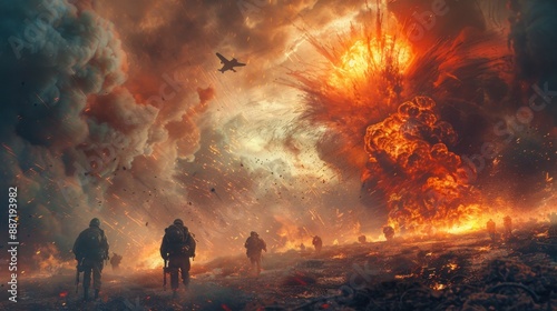 Intense Military Battle Scene with Soldiers, Explosions, and Aircraft in a War-Torn Landscape