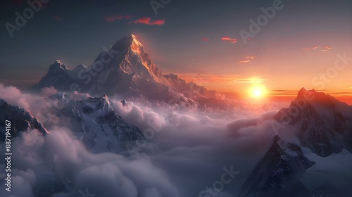 View of the Himalayas during a foggy sunset night