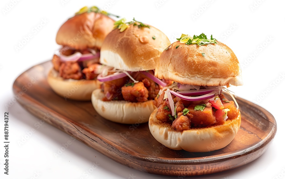 Board and plate of tasty Vada Pav with on white background. Board and plate of tasty Vada Pav with on white background.