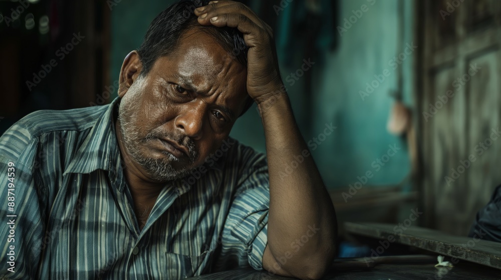 Fototapeta premium Pensive MiddleAged Bangladeshi Man Reflecting Indoors, Expressive Portrait for Editorial Use