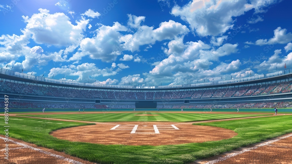 Fototapeta premium A baseball stadium with green grass and brown dirt. Generate AI image