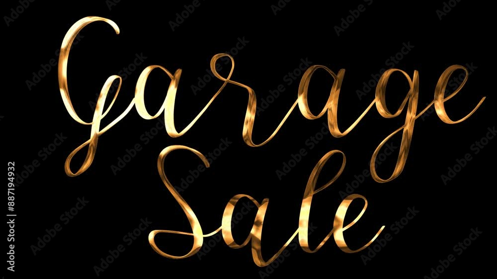 Golden script words Garage Sale on black background suitable for advertising yard sales, online promotions, flyers, or social media posts