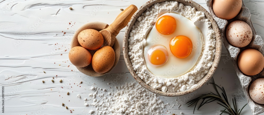 Ingredients for Baking: Eggs, Flour, and a Wooden Spoon