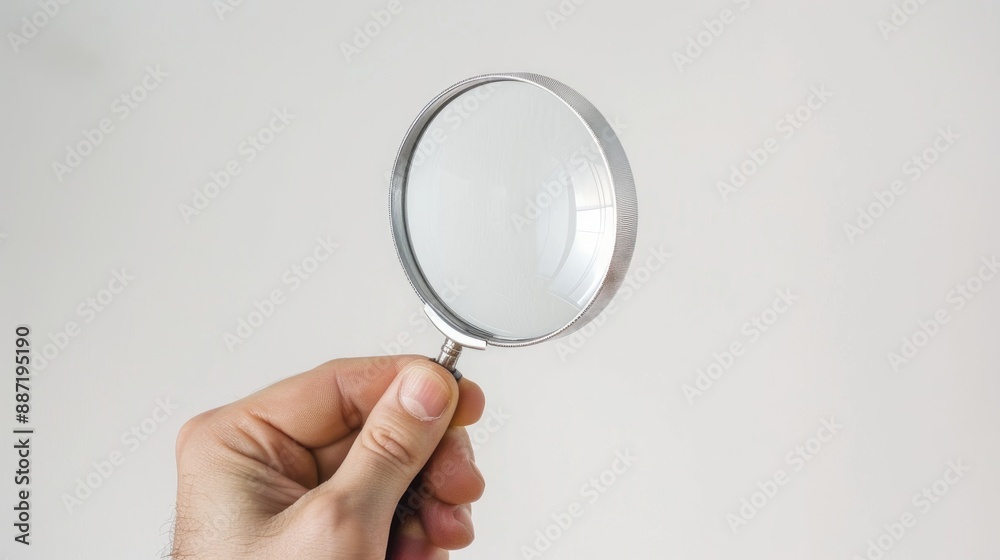 Classic magnifying glass held by man s hand on a white background