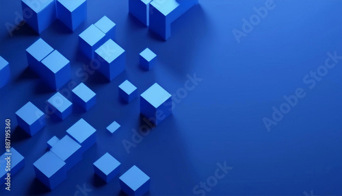 Abstract 3d render, blue geometric background design with cubes with copy space 