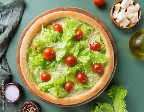 Tasty vegetarian pizza with cherry tomatoes and lettuce on green background, top view photo