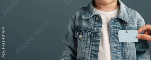Close-up of a child in a denim jacket with a blank tag being held, suitable for labeling or customization.