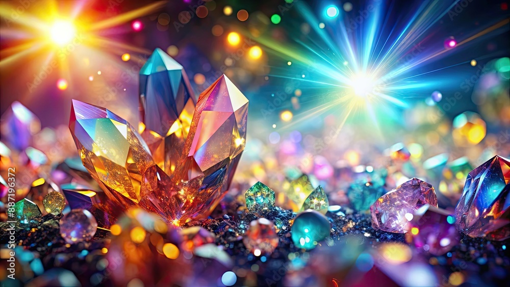 Abstract colorful background with vibrant crystals shining in the light, gemstones, shiny, glitter, vivid, gradient