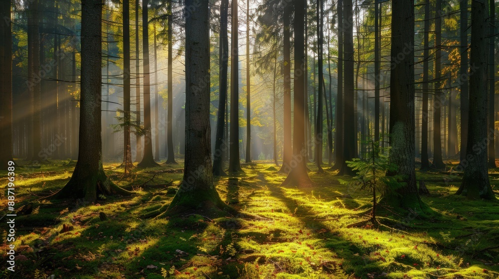Obraz premium A panoramic view of a forest with tall trees. Generate AI image