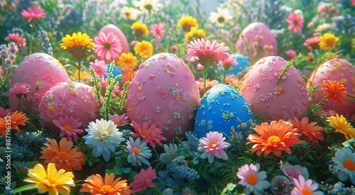 The Garden Delights with Colorful Easter Eggs Amidst Spring's Blossoms. Perfect for use in holiday cards, festive decorations, social media posts, and promotional materials. photo