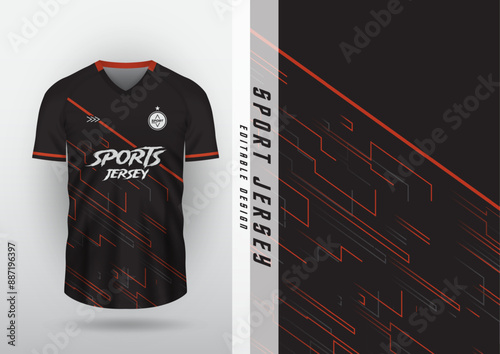 Jersey design, jersey, football, futsal, running, badminton, tennis, exercise, black and orange line pattern.