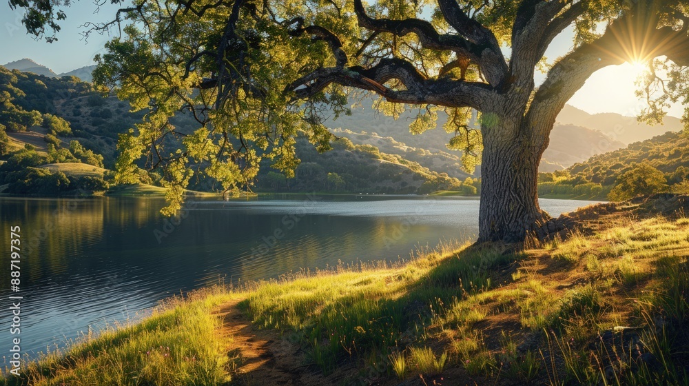 A beautiful oak tree standing on the edge. Generate AI image A beautiful oak tree standing on the edge. Generate AI image