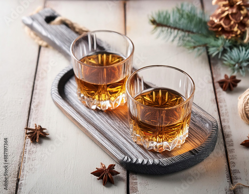 Two glasses of strong alcohol- whiskey, rum or bourbon with christmas decoration on a wooden table. photo