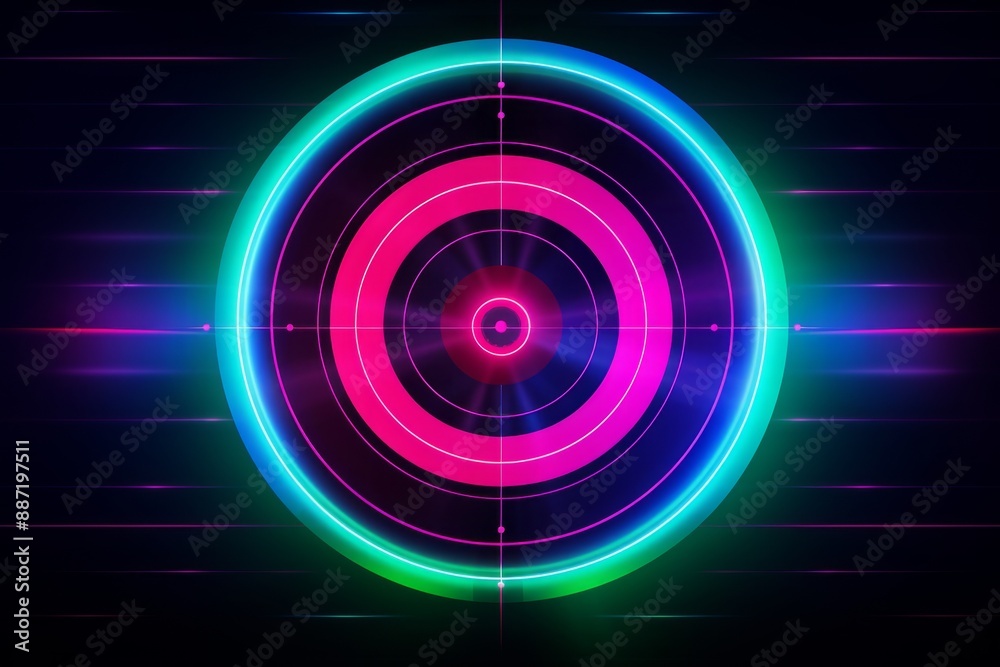 A glowing neon green and blue circle with a pink center on a black background. The circle is a target with concentric rings and a crosshair A glowing neon green and blue circle with a pink center on a black background. The circle is a target with concentric rings and a crosshair