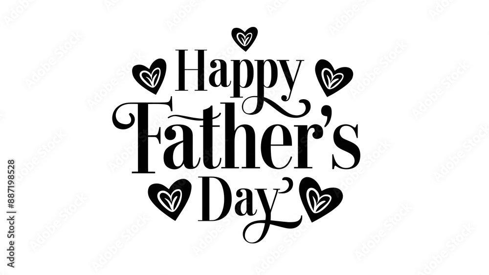 Fototapeta premium A minimalist design for 'Father's Day'. It prominently features the words 'Happy Father's Day' written in elegant black cursivefont. Above the text, there are three small heart shapes