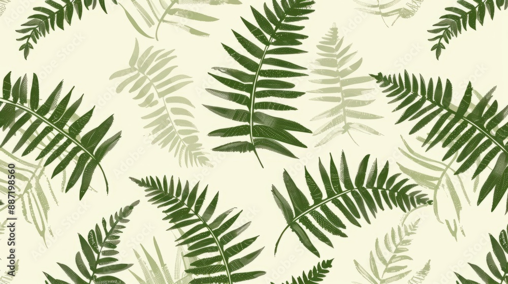 A pattern featuring green fern leaves on a light background A pattern featuring green fern leaves on a light background