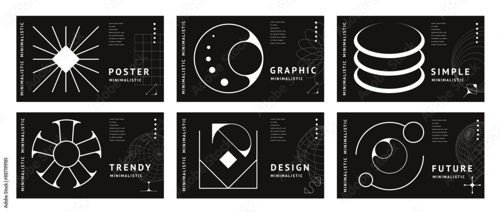 Fototapeta premium Horizontal brutal y2k posters of monochrome geometric shapes and abstract line graphic elements. Futuristic silhouettes of sun, planet globe grid, star and sparkle with brutal figures and forms