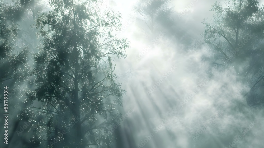 Obraz premium Trees in the fog with morning smoke in the forest