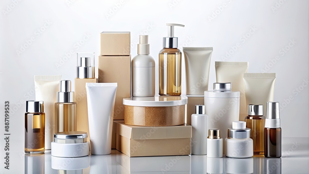 Composition of various size boxes and cosmetic bottles on a white background, cosmetic, bottles, makeup, beauty Composition of various size boxes and cosmetic bottles on a white background, cosmetic, bottles, makeup, beauty