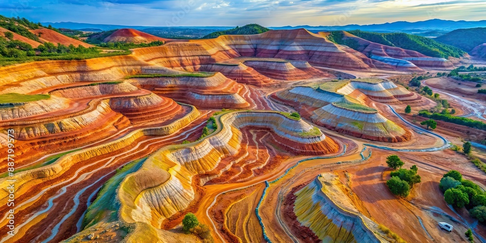 Aerial view of vibrant terraced mineral deposits , colorful, terraced, mineral, deposits, aerial view, vibrant, natural