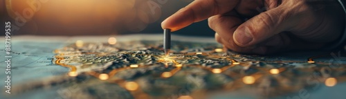 Close-up of a hand pinpointing a location on an illuminated map, symbolizing travel, exploration, and navigation.