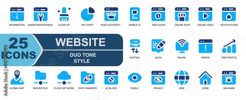 icon set website.style duo tone.contains exchange,web information,info,under maintenance,settings,clean up.