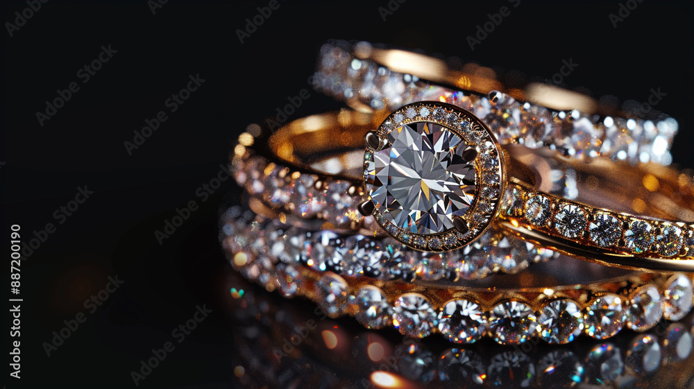 3D render design of gold and platinum diamond rings floating on black background. The concept of a studio in a jewelry store. 3D render design of gold and platinum diamond rings floating on black background. The concept of a studio in a jewelry store.