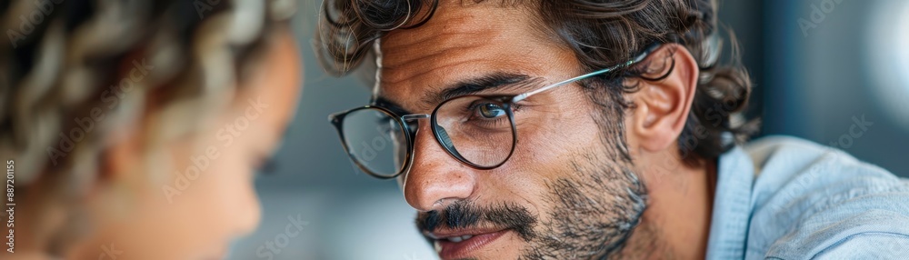 Close-up of a man wearing glasses, attentively engaged in a conversation, showcasing focus and interaction. Close-up of a man wearing glasses, attentively engaged in a conversation, showcasing focus and interaction.