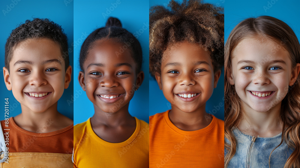 Diverse Happy Children profile collection, Smiling Multiracial Kids Portrait, Colorful Background, Joyful Childhood Moments Diverse Happy Children profile collection, Smiling Multiracial Kids Portrait, Colorful Background, Joyful Childhood Moments