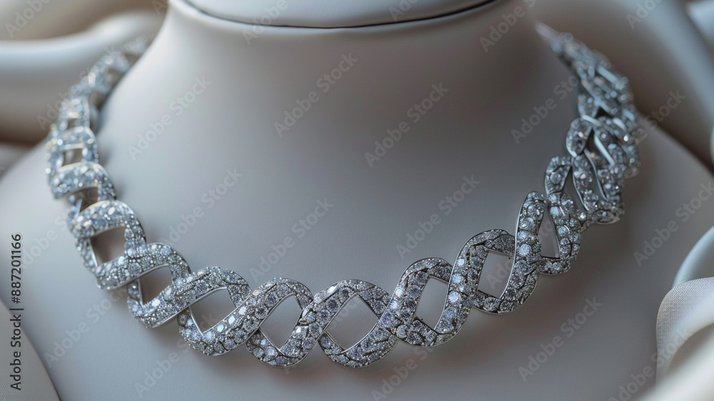 Elegant white gold necklace with diamonds on white background, jewelry Elegant white gold necklace with diamonds on white background, jewelry