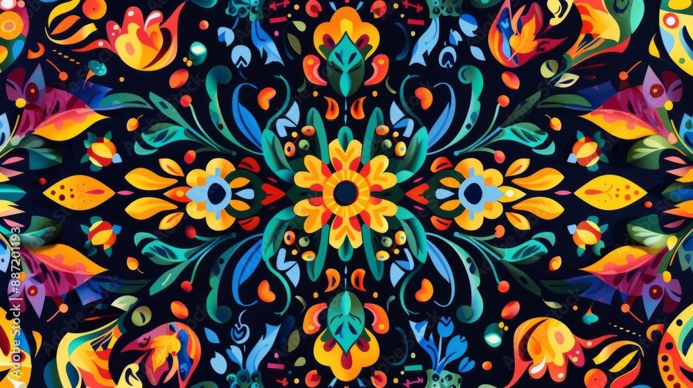 A pattern of colorful flowers and leaves on a black background A pattern of colorful flowers and leaves on a black background